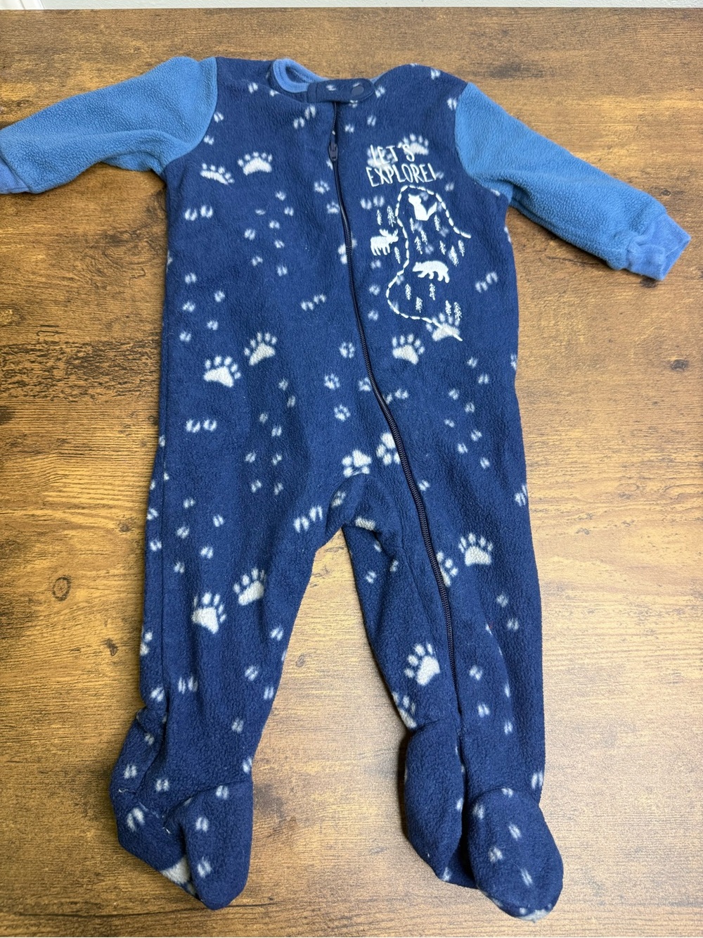 ⭐️5 for $20⭐️ Joe Fresh Navy Paw-Print Fleece One-Piece - Let's Explore 3-6M